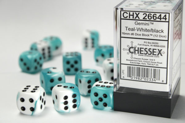 Chessex Gemini Teal-Whiteblack 16mm d6 Dice Block (12 Dice)