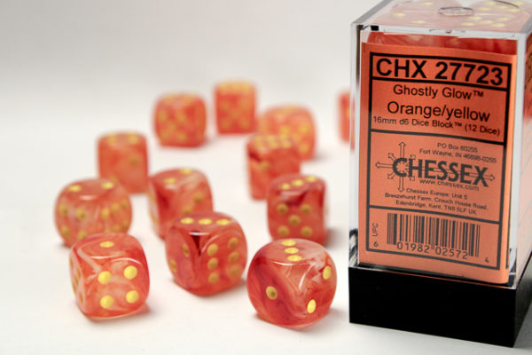 Chessex Ghostly Glow Orangeyellow 16mm d6 Dice Block (12 Dice)