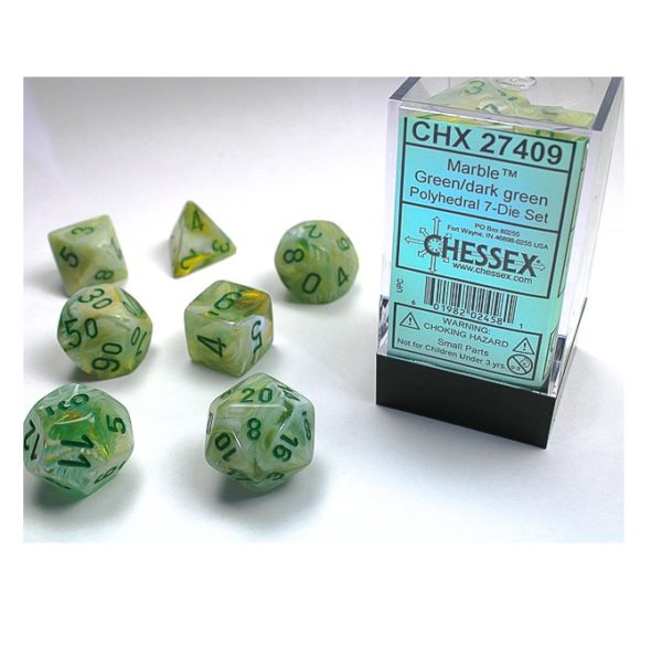 Chessex Marble 7-Die Set - Green w/dark green - Chessex Marble 7 Die Set Green wdark green