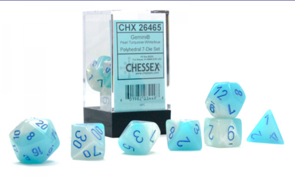 Gemini Polyhedral Pearl Turquoise-White - blue Luminary 7-Die Set