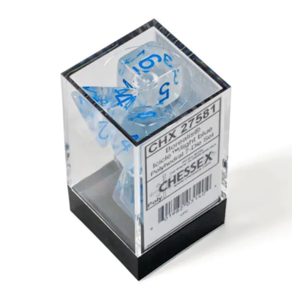 Dice-Borealis-Icicle-Box Chessex Borealis Mini-Polyhedral Icicle/Light Blue Luminary 7-Die Set