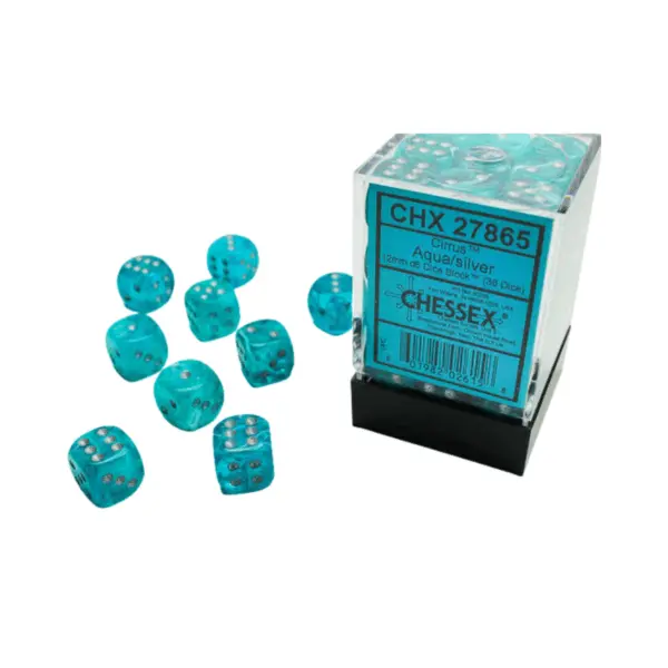 Chessex Signature 12Mm D6 With Pips Dice Blocks (36 Dice) - Cirrus Aqua W/Silver