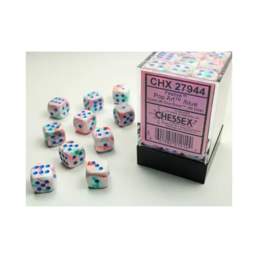 Chessex Signature 12mm d6 with pips Dice Block - Festive Pop Art /blue (36 Dice)