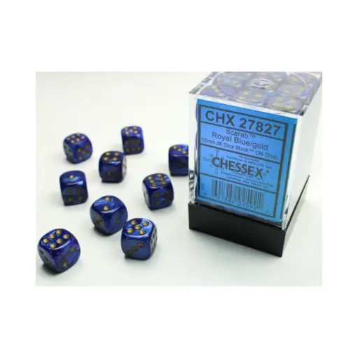 Chessex Signature 12mm d6 with pips Dice Blocks - Scarab Royal Blue w/gold (36 Dice)