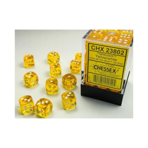 Chessex Translucent 12mm d6 with pips Dice Block - Yellow w/white (36 Dice)