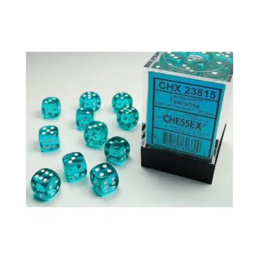 Chessex Translucent 12mm d6 with pips Dice Blocks - Teal w/white (36 Dice)