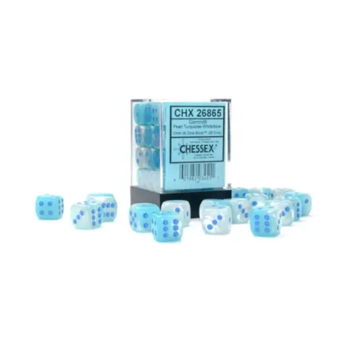 Gemini 12mm d6 Pearl Turquoise-Whiteblue Luminary Dice Block (36 dice)
