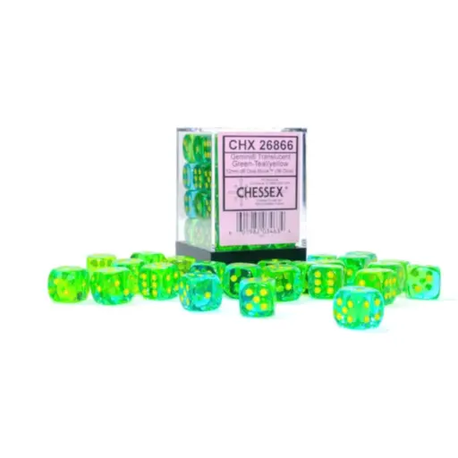 Gemini 12mm d6 Translucent Green-Tealyellow Dice Block (36 dice)
